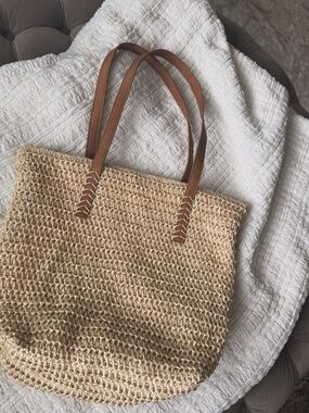 Woven Straw Tote Bag with Brown Leather Handles
